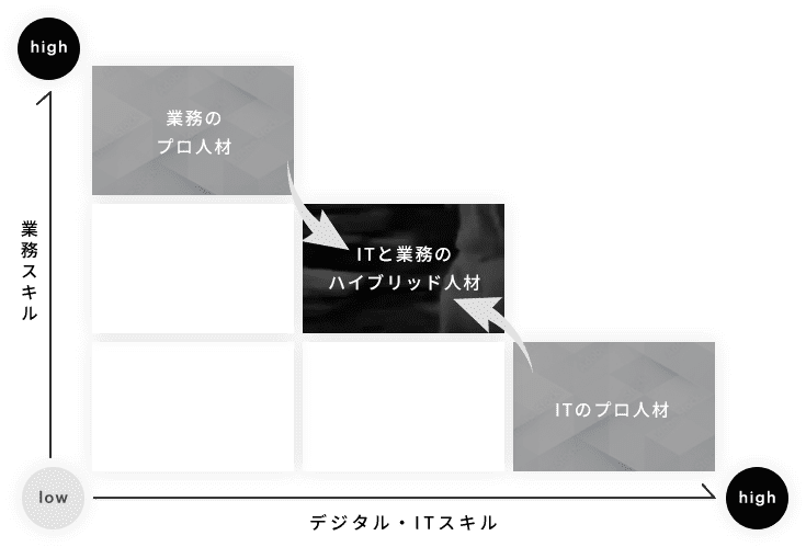 業務のプロ人材 → ITと業務のハイブリッド人材 ← ITのプロ人材